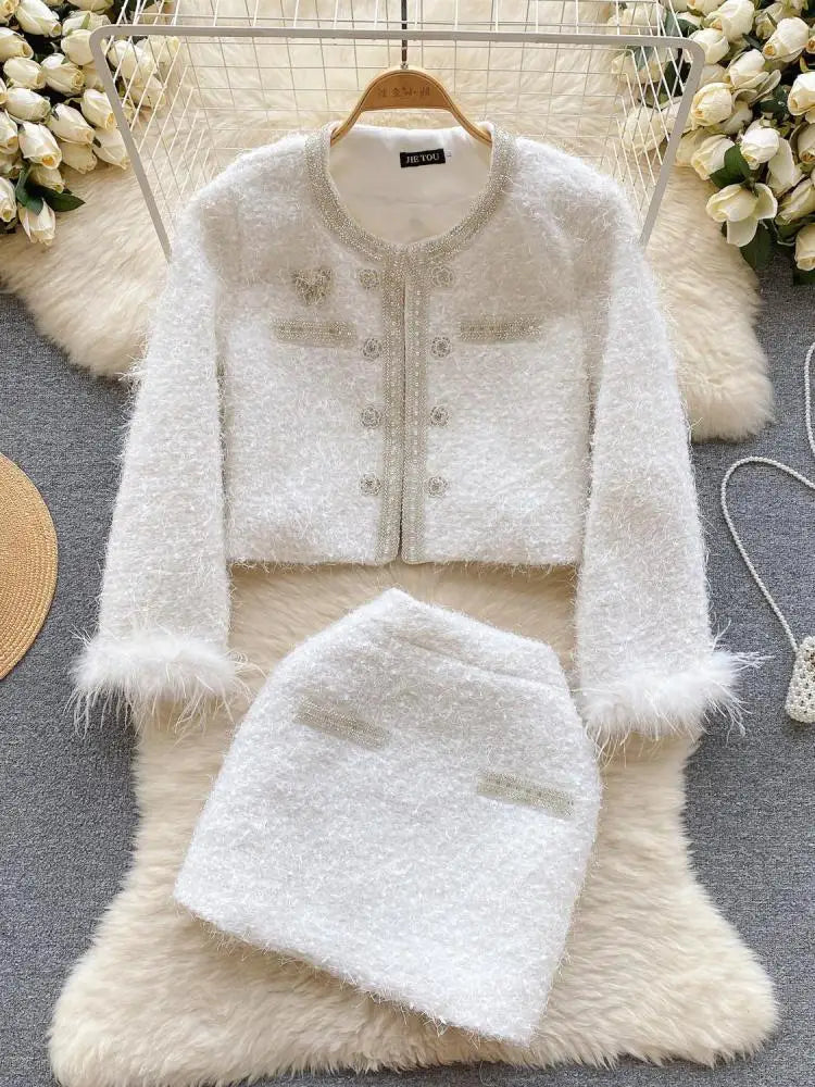 Vintage White 2-Piece Women's Outfit - Elegant Pink Round Neck Cardigan Coat & Zipper Mini Skirt Set | Fall Winter Party Fashion | Perfect for Holiday Gatherings, Date Nights & Office Wear