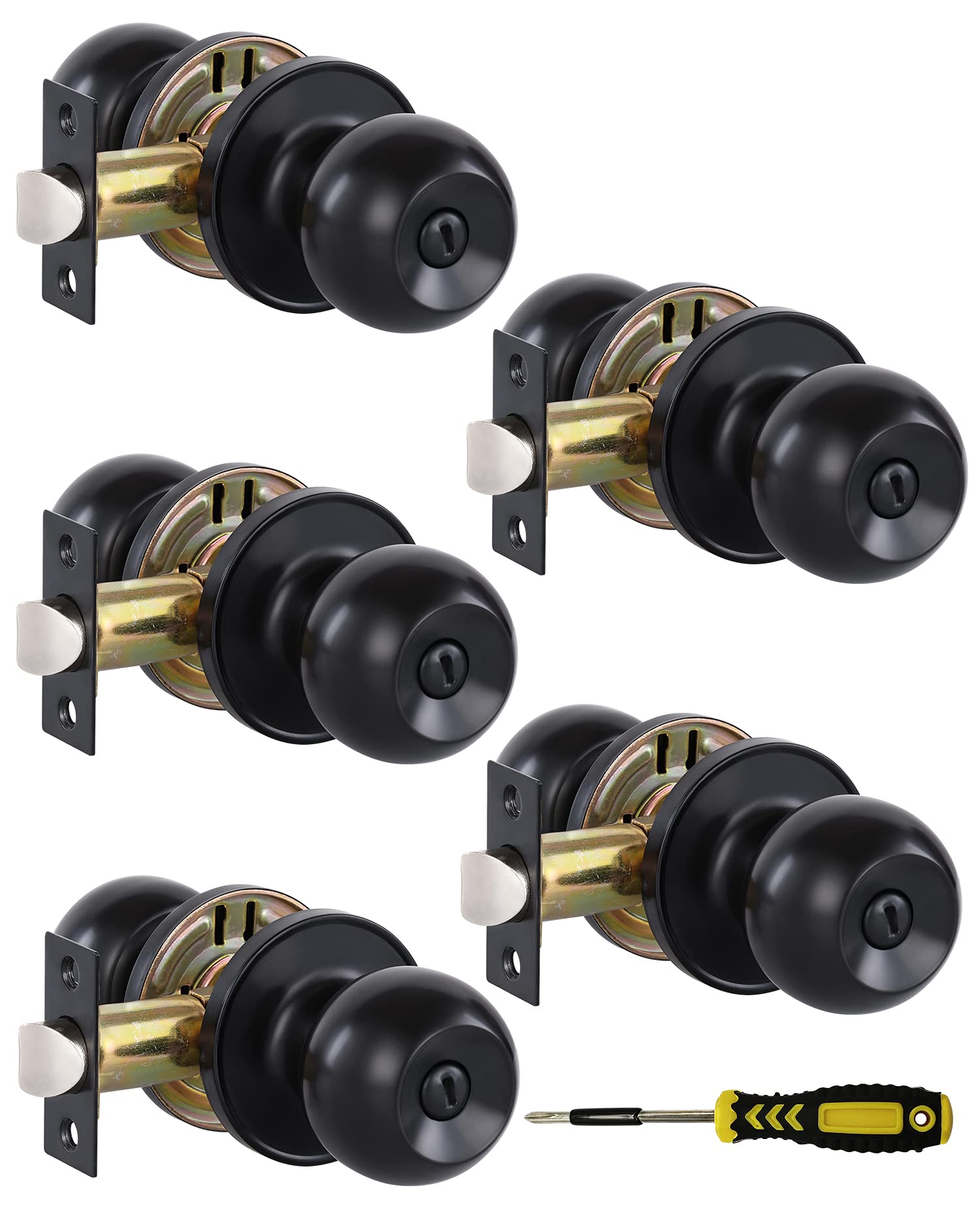 5-Pack Matte Black Privacy Door Knobs with Lock - Keyless Interior Door Handles for Bedroom & Bathroom - Stainless Steel Security Knob Set for Home, Office & Apartment Use