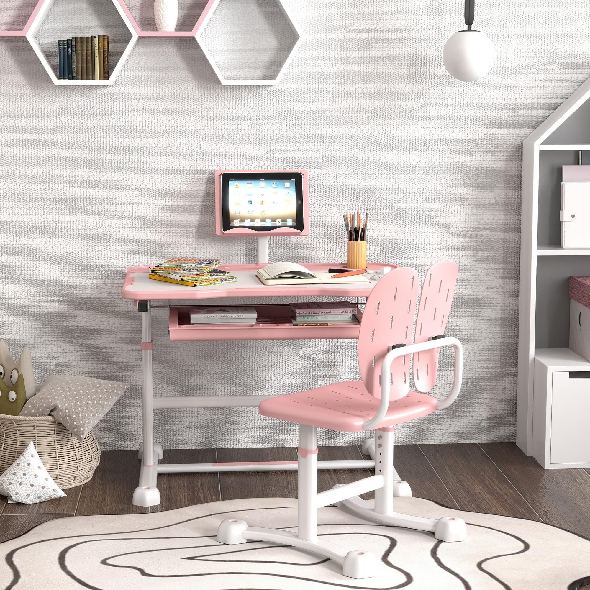 Qaba Adjustable Kids Desk and Chair Set with Storage Drawer & Book Stand - Ergonomic Study Desk for Writing, Reading, Drawing - Perfect for Homeschooling & Online Learning (Pink)