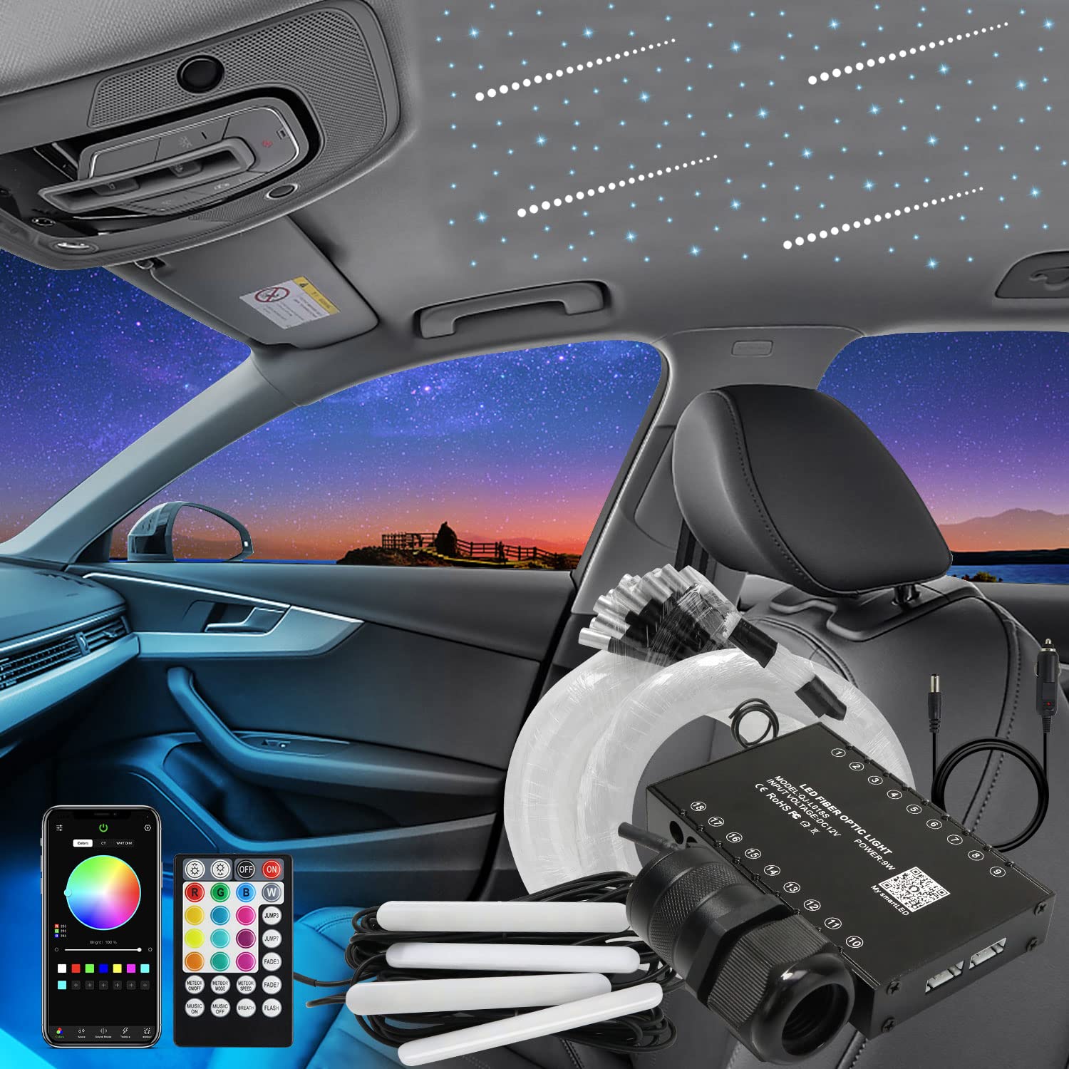 AKEPO 3-in-1 Meteor APP Fiber Optic Lights Kit - Music Sync Car LED Interior Lights with RGBW Headliner & 375pcs Mixed Diameter Optical Fiber (9.8ft/3m) + 28-Key RF Remote - Perfect for Car Customization, Home Decoration & Party Lighting