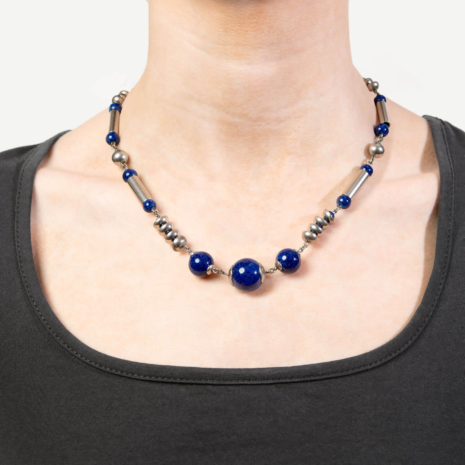 Vintage German Sterling Silver Lapis Bead Necklace - Handmade Blue Lapis Lazuli Jewelry for Women, Elegant Statement Piece for Parties, Weddings & Special Occasions