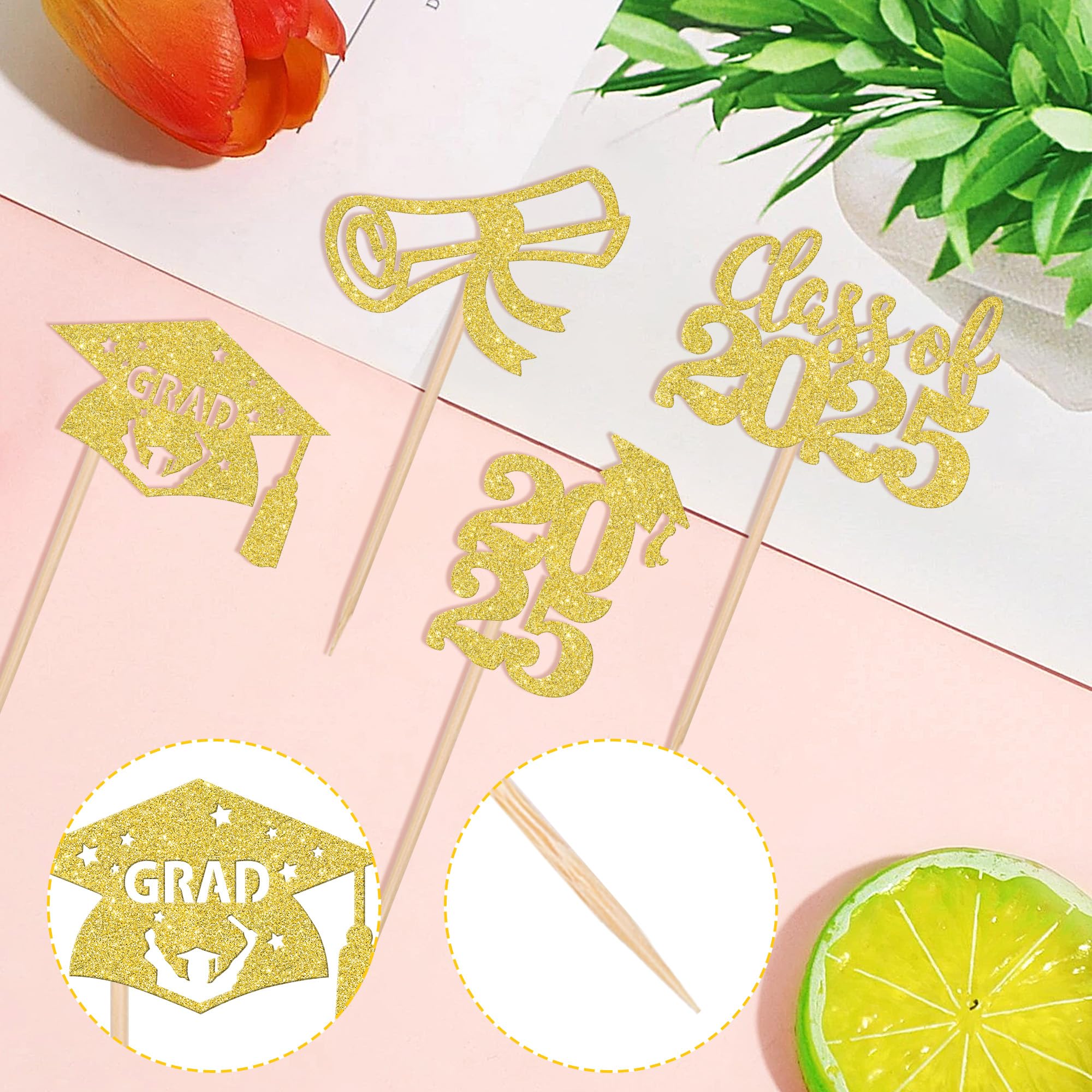24-Piece Class of 2025 Graduation Cupcake Toppers Set - Glitter Diploma & Cap Cake Decorations for 2025 Graduation Party Supplies (Gold) - Perfect for Graduation Cakes, Cupcakes, and Dessert Tables