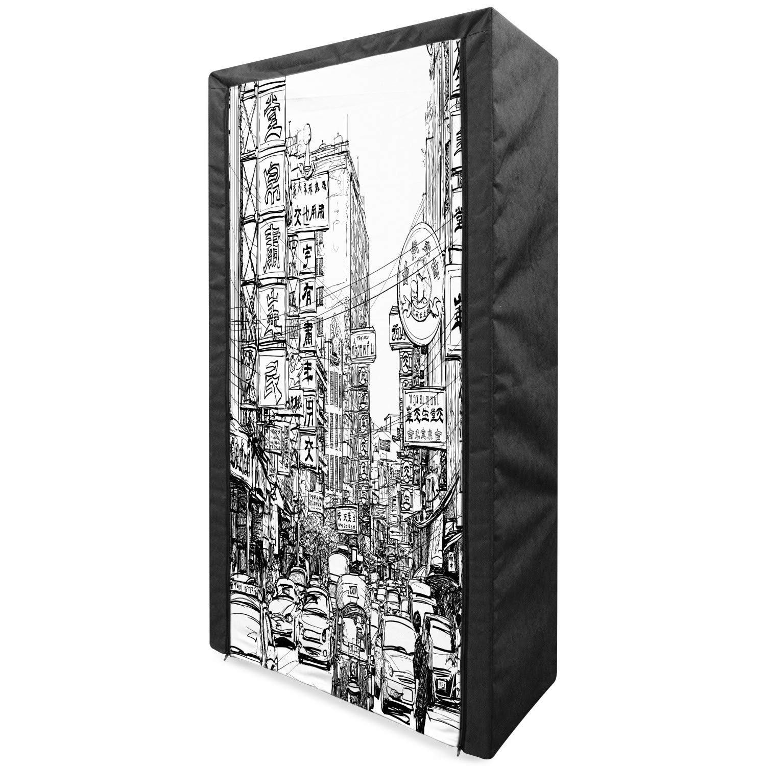 Ambesonne Portable Fabric Wardrobe - Black & White Chinatown Bangkok Street Art Design, 33.5