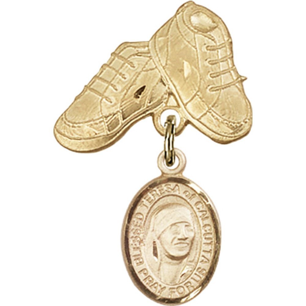St. Teresa of Calcutta Gold Filled Baby Badge with Charm & Baby Boots Pin - 1 X 5/8 Inch Religious Jewelry for Baptism, Christening & Newborn Gifts