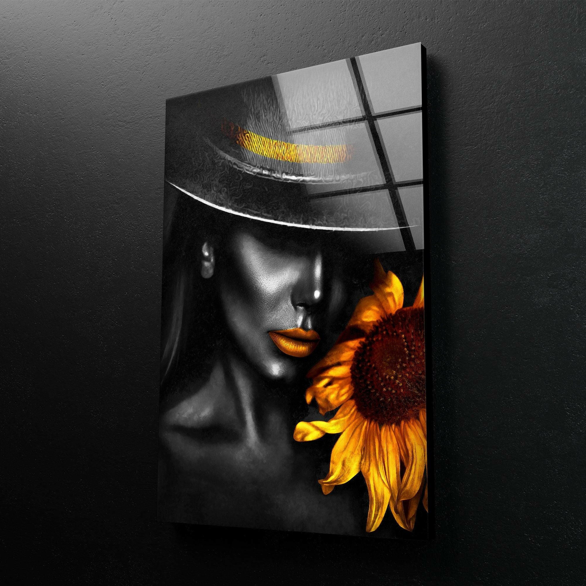 Black Woman and Sunflower Glass Wall Art - Elegant Home Decor for Living Room, Bedroom & Office - Perfect Gift for Housewarming, Birthday & Mother's Day