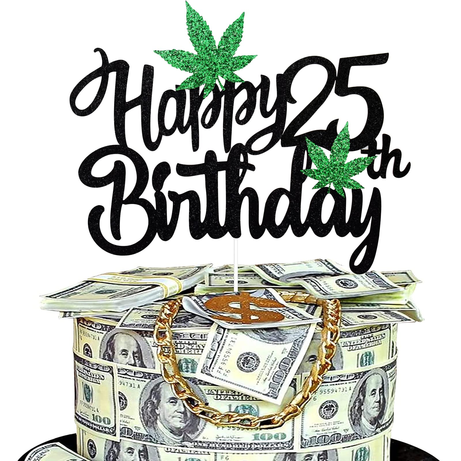 25th Birthday Cake Topper with Pot Leaf Design - Glitter Weed Leaf Marijuana Cake Decor for 420 Party - Perfect for Stoner Birthday Celebrations & Cannabis-Themed Events