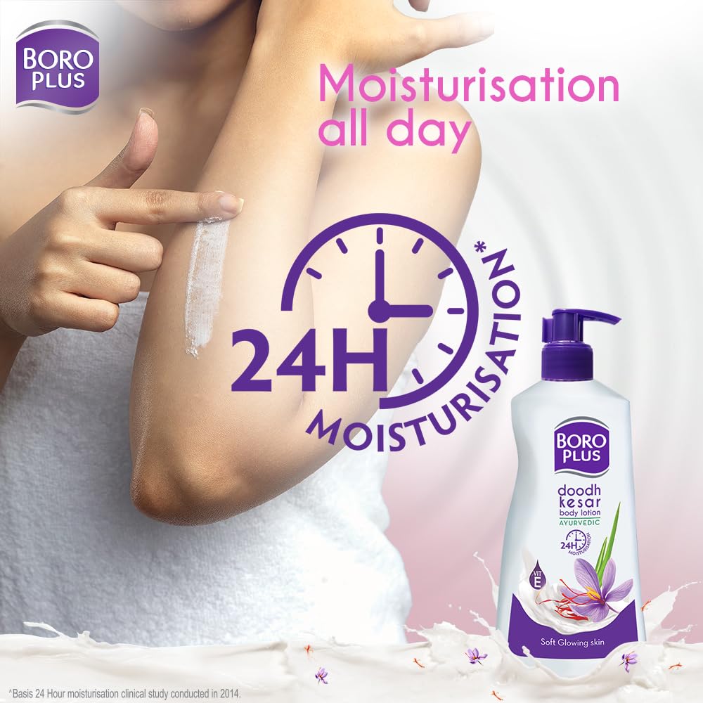 Boroplus Ayurvedic Body Lotion for Dry & Normal Skin - 24Hrs Moisturization with Vitamin E, Dhoodh, Badam & Kesar - 400ml | Perfect for Daily Hydration & Skin Nourishment
