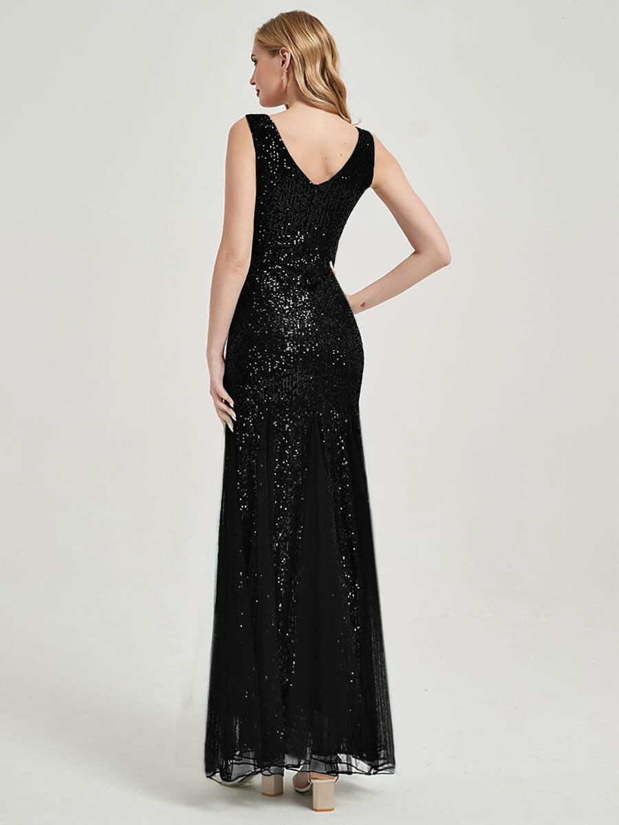 Elegant Black Sequin Tulle V-Neck Sleeveless Mermaid Maxi Evening Dress for Prom, Wedding, Gala & Special Occasions