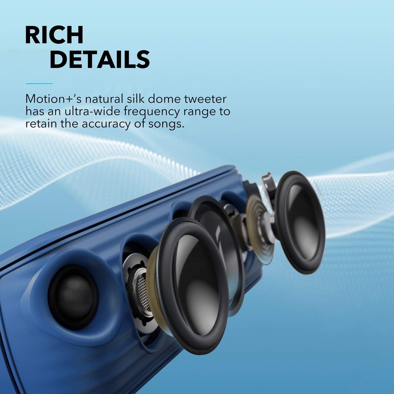 Soundcore Motion+ Bluetooth Speaker - 30W Hi-Res Audio, Deep Bass & Crisp Treble, Wireless Portable Speaker with Custom EQ App, 12H Playtime, IPX7 Waterproof, USB-C (Blue) - Perfect for Outdoor Adventures, Pool Parties & Home Entertainment