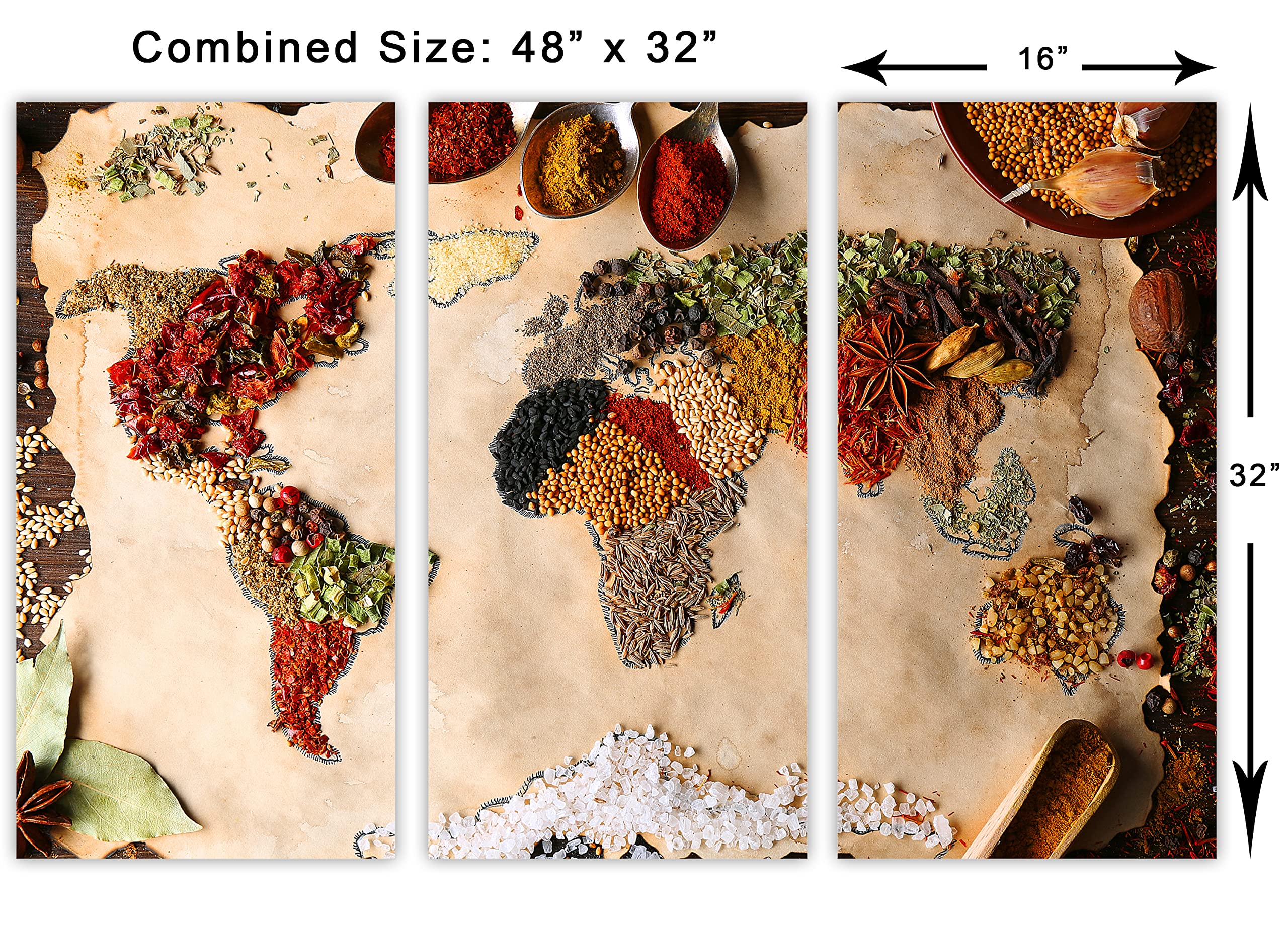 48x32 Inch Kitchen Spice World Map Canvas Wall Art - 3 Panel Triptych Split Design for Home & Kitchen Decor | Perfect for Dining Room, Living Room & Office Wall Decoration