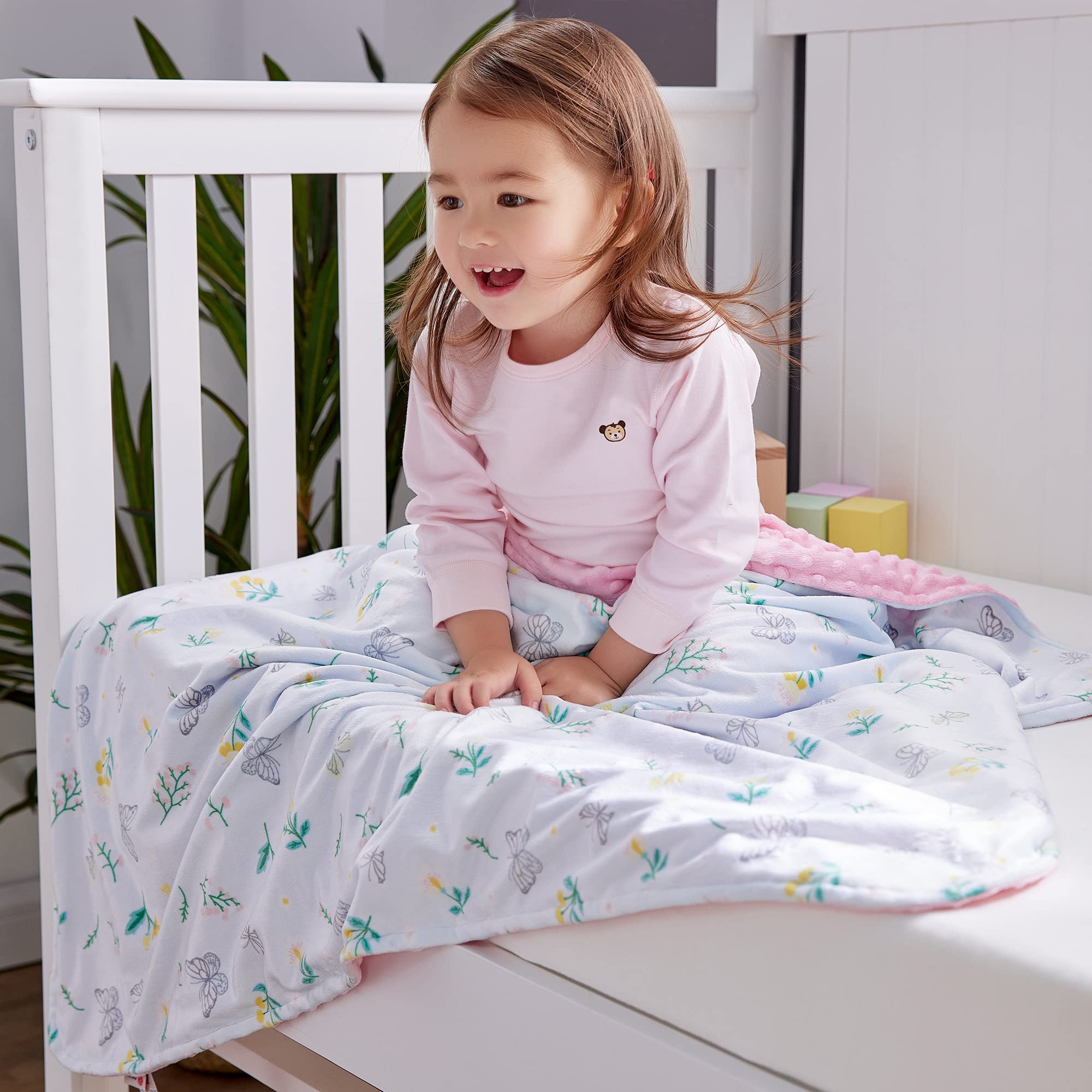 DaysU Ultra Soft Micro Plush Baby Blanket for Girls - Floral Print with Soothing Raised Dots, Double Layer Crib Blanket, Butterfly Floral Mint Green (30x40 Inches) - Perfect for Nursery, Swaddling, Stroller & Gift Giving