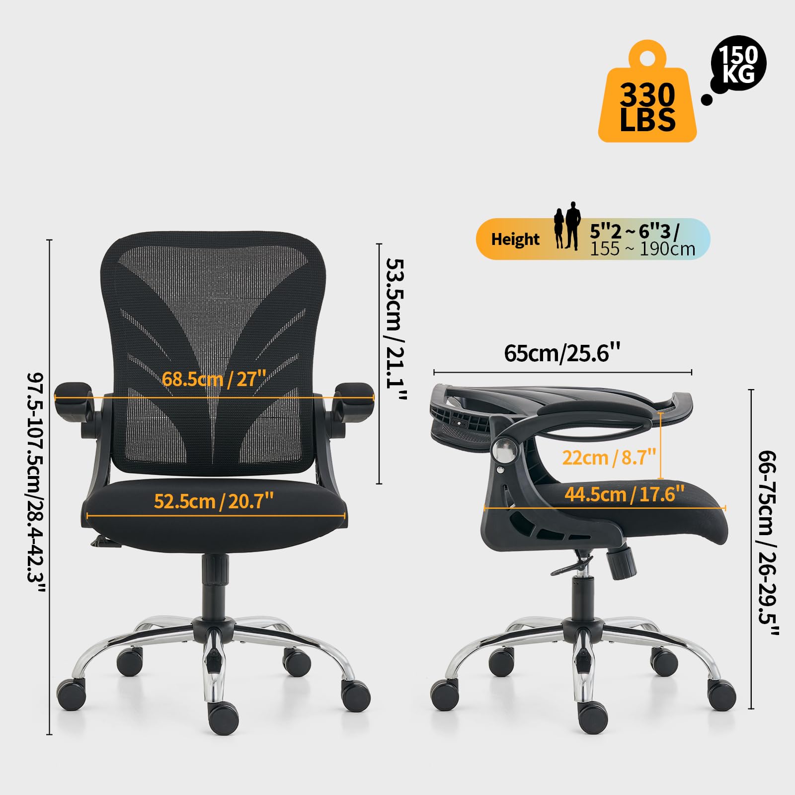 Ergonomic Office Chair with Adjustable Lumbar Support & Flip-Up Armrests - Foldable Backrest & Tilt Function for Big and Tall Users - Black Mesh Computer Desk Chair for Home Office, Gaming & Workspace Comfort