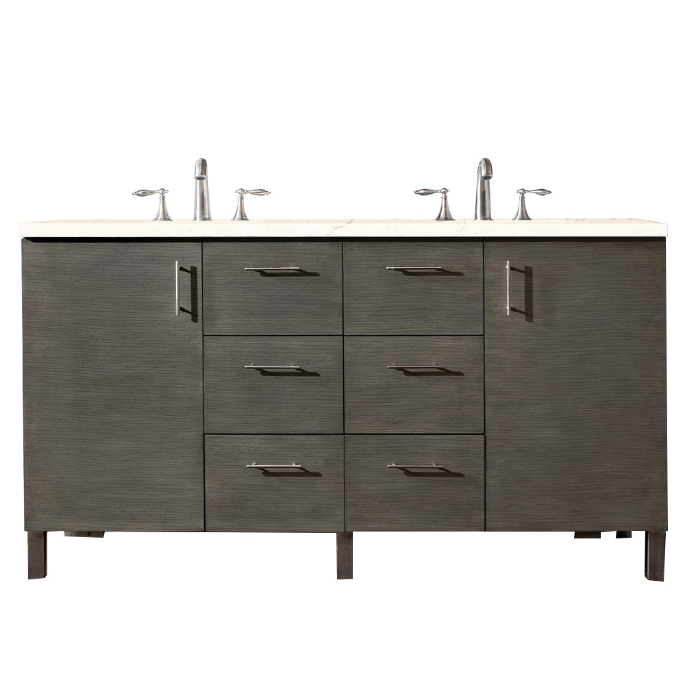Metropolitan 60 Inch Double Bathroom Vanity with 3CM Eternal Marfil Quartz Countertop in Silver Oak Finish - Perfect for Master Bathroom Renovation and Modern Home Decor