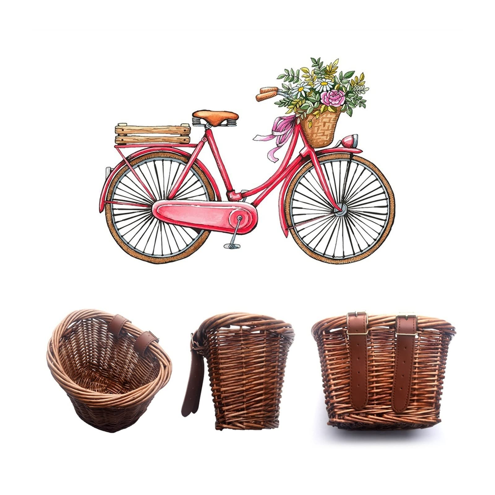 Vintage Hand-Woven Bike Front Basket - Adjustable Leather Shoulder Straps for 16 Inch Bicycle | TOMYEUS Bike Rack Bag for Kids & Adults | Perfect for Picnics, Grocery Shopping & Urban Commuting