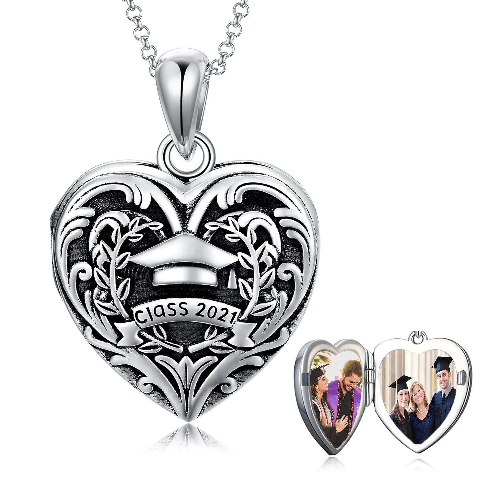 SOULMEET Heart Shaped Graduation Locket Necklace - Class of 2021/2022/2023 Photo Pendant with Compass Design, Holds 2 Pictures - Perfect Graduation Gift for Her, Daughter or Friend - Ideal for Commencement Ceremonies, Graduation Parties & Memory Keepsakes