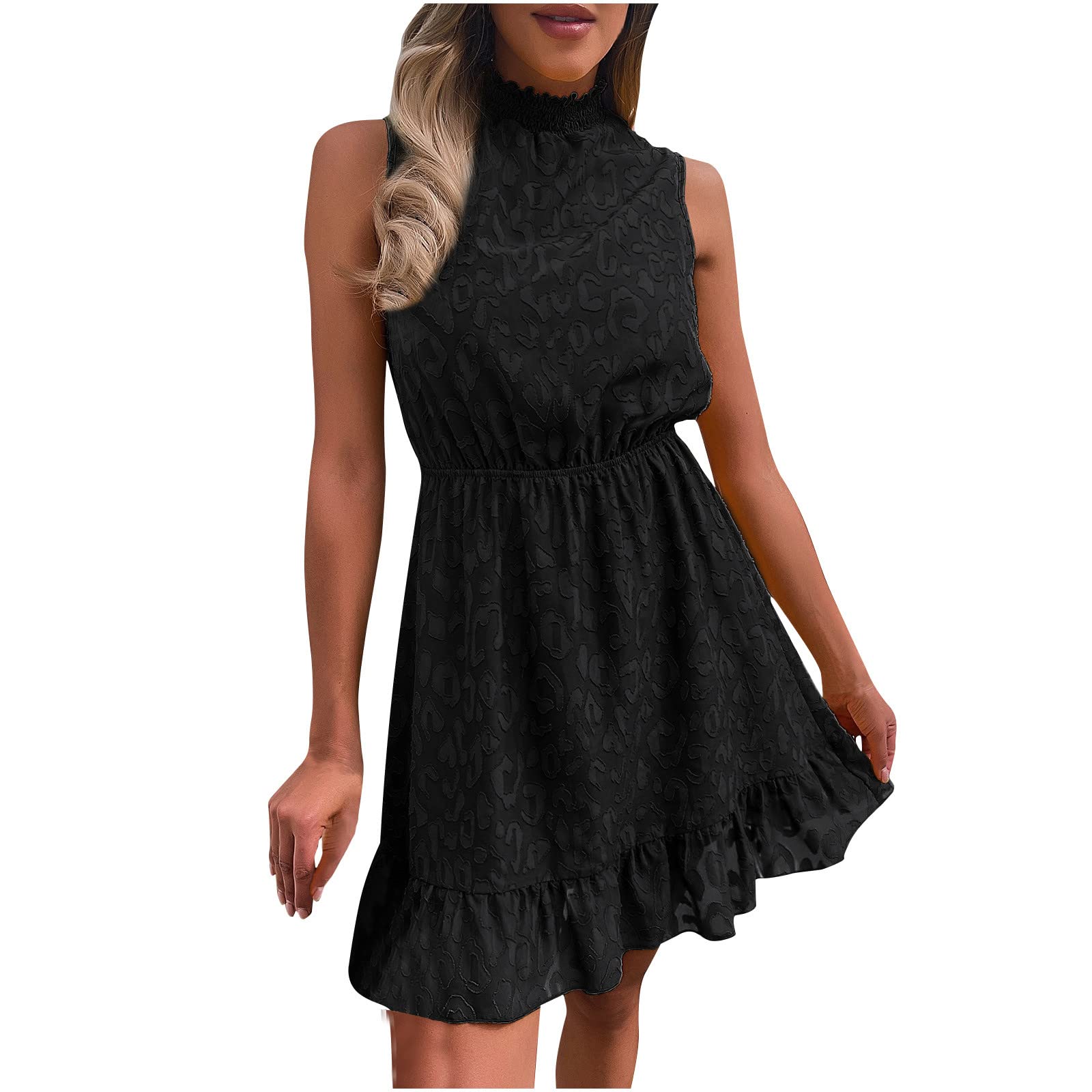 Women's Summer Sundress 2022 - Round Neck Sleeveless Chiffon Lace Casual Dress with Ruffle Neck & Tiered Mini Design | Perfect for Beach Vacations, Garden Parties & Summer Outings
