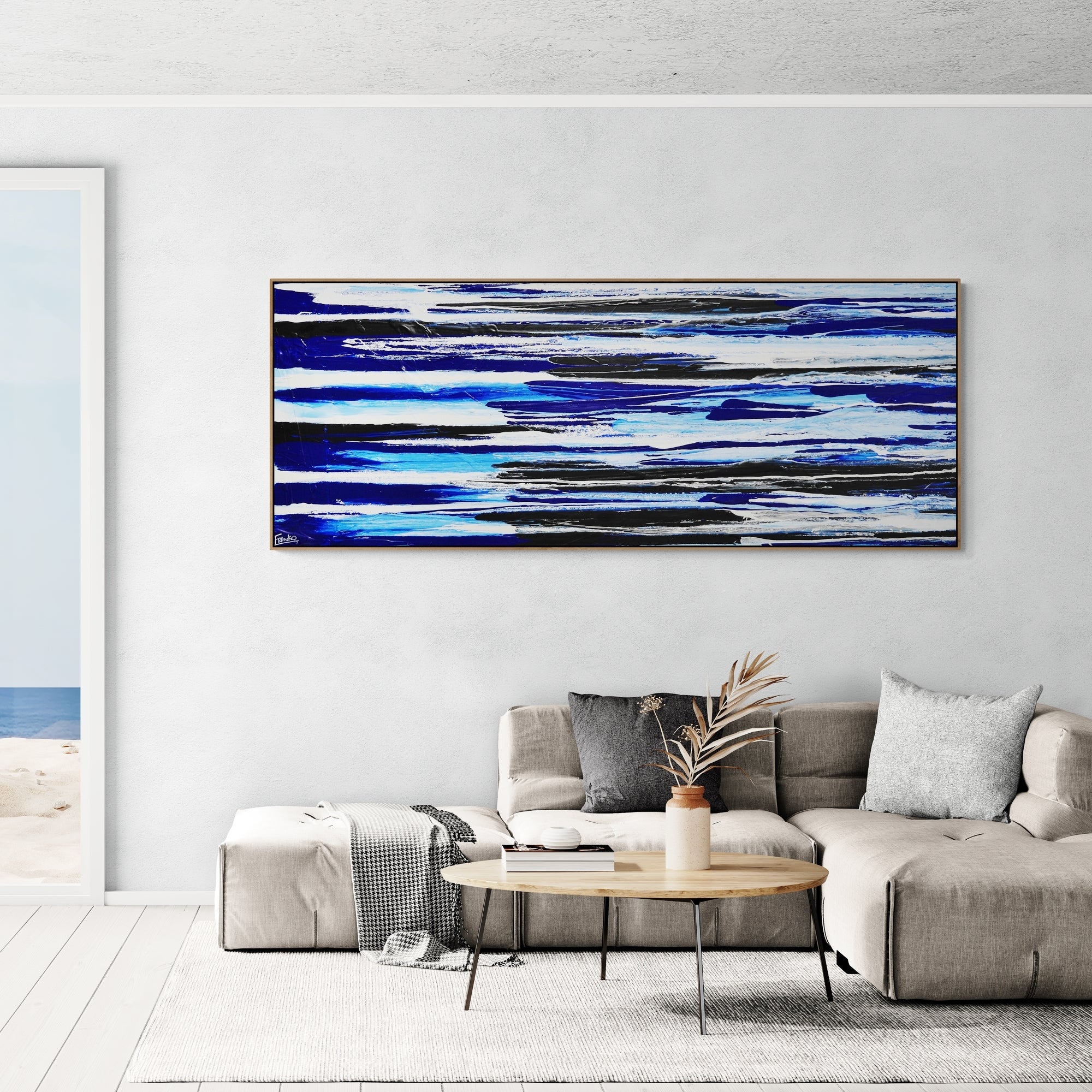 Blue White Black Textured Abstract Painting - Sapphire Flow 200cm x 80cm Canvas Wall Art for Living Room, Bedroom & Office Decor
