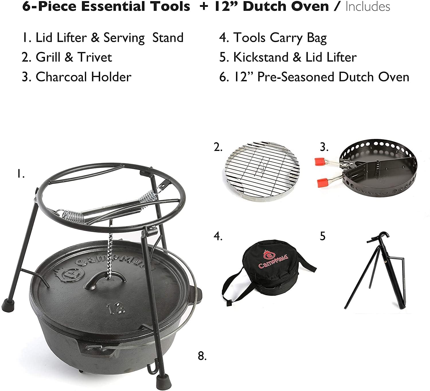 Premium 6-Piece Outdoor Cooking Set - Dutch Oven, Charcoal Holder & Cast Iron Grill Tools - Complete Camping Kitchen Equipment for Backyard BBQs, Picnics & Camping Trips