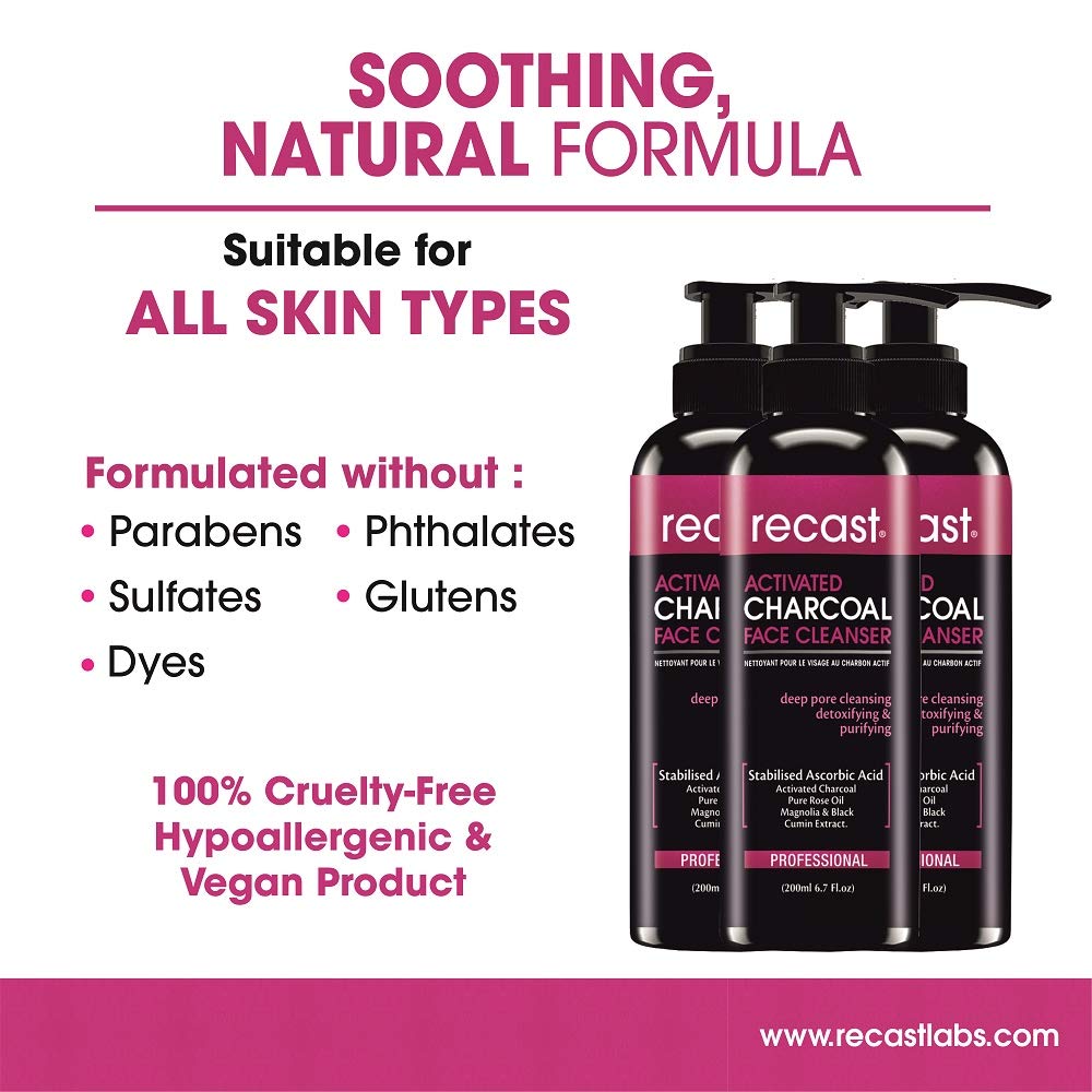 Recast Activated Charcoal Face Cleanser - Detoxifying & Brightening Facial Wash with Vitamin C, Rose & Cumin Extract for Deep Cleansing - 200ml | Perfect for Oily, Acne-Prone Skin & Daily Skincare Routine