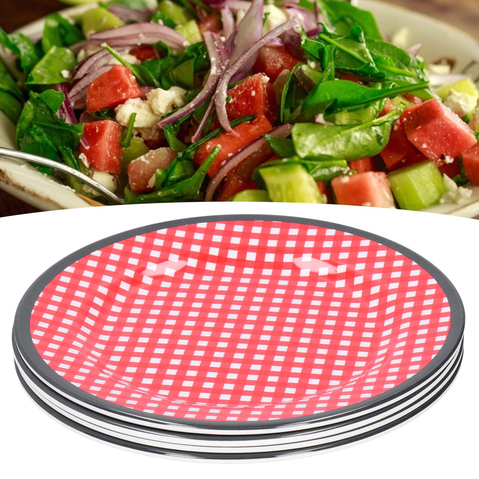 Yosoo 4-Piece 9-Inch Red Grid Salad Plates Set - Durable Dinnerware for Restaurants, Hotels & Home Use - Perfect for Serving Fruits, Desserts, Appetizers & Party Dishes