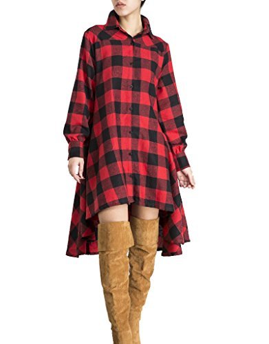 Olrain Women's Plaid V-Neck Long Sleeve Shirt Dress with Asymmetrical Hem | Casual Flowy Tunic Dress for Work, Date Night & Fall Layering