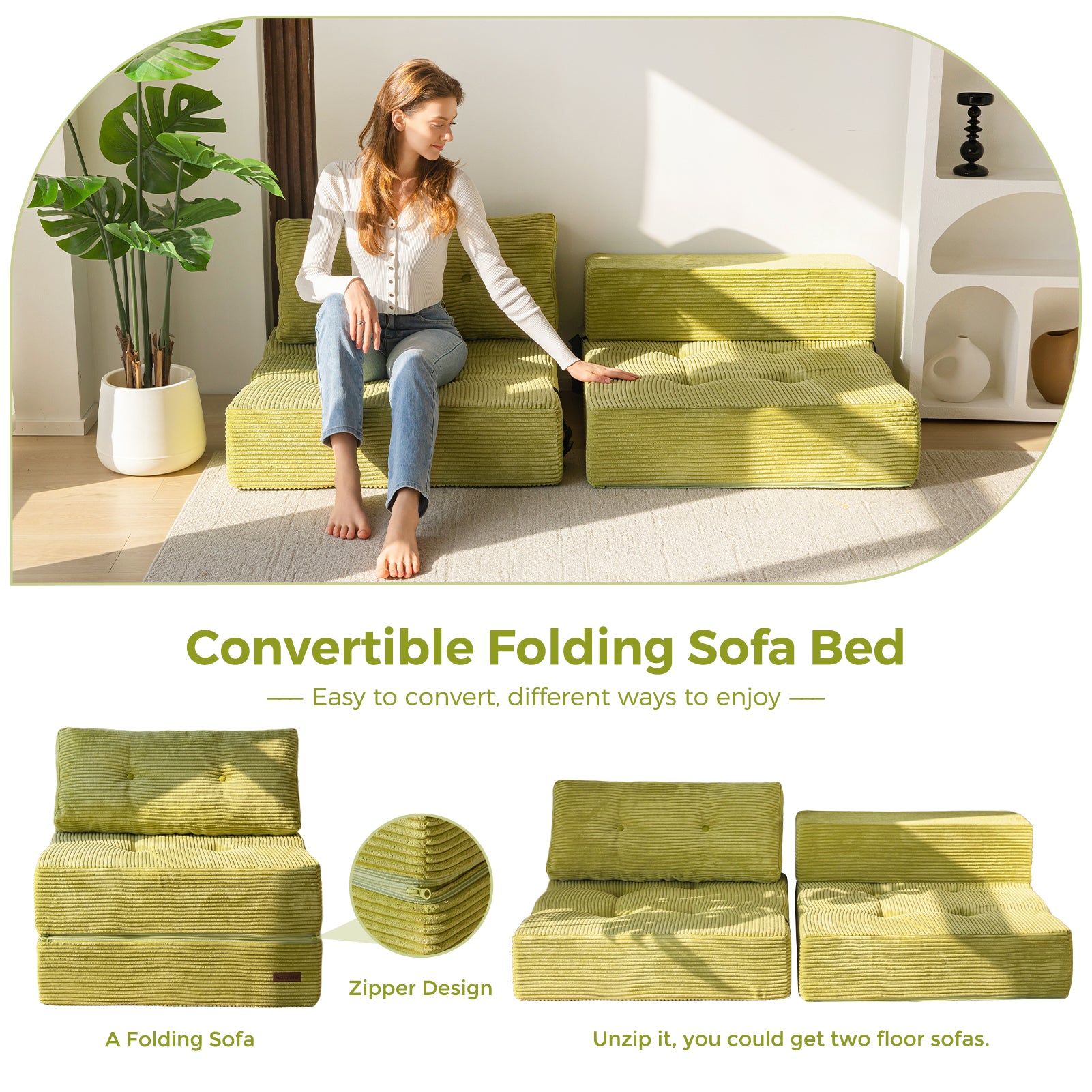 MAXYOYO Folding Sofa Bed - Convertible Sleeper Sofa with High Density Support Foam for Living Room, Bedroom & Small Spaces | Comfortable Guest Bed | Green