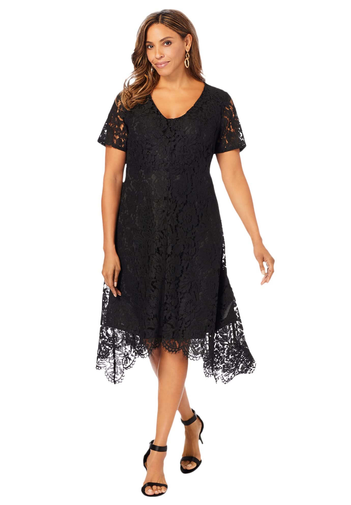 Jessica London Women's Plus Size Lace Handkerchief Dress - Elegant Floral Lace Midi Dress for Weddings, Parties & Special Occasions