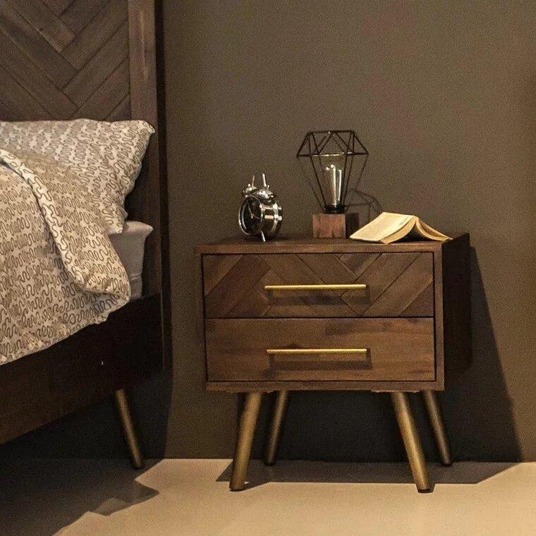 LEAH Solid Acacia Wood Herringbone Nightstand - Rustic Bedside Table for Bedroom, Living Room & Home Decor