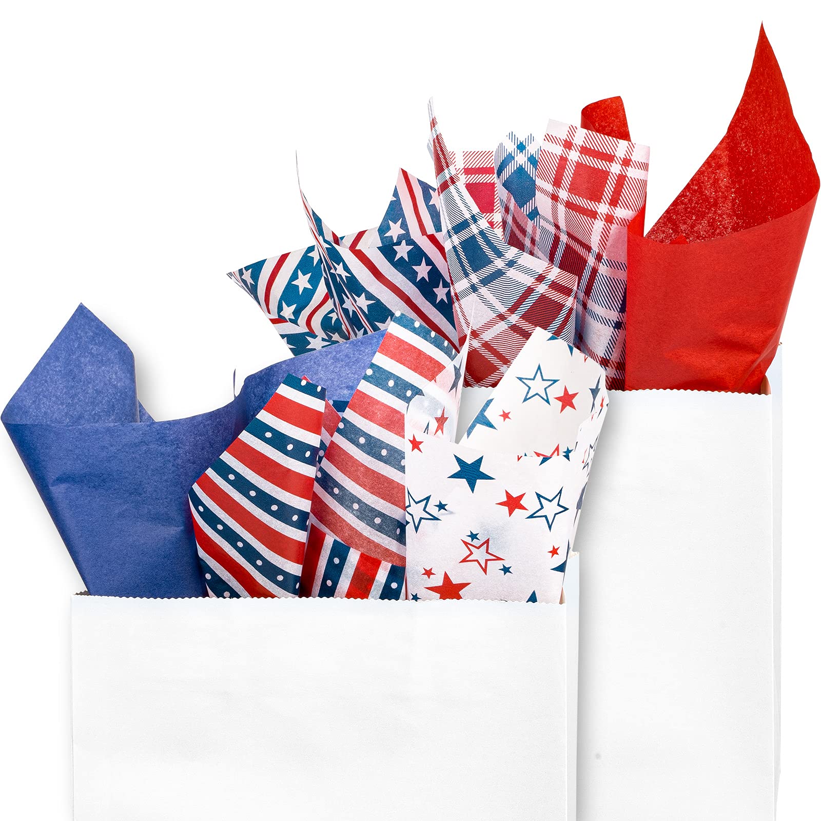 Whaline 4th of July Patriotic Tissue Paper - 90 Sheets with Stars & Stripes Patterns in Red, White & Blue | 6 Festive Designs for Independence Day Wrapping, DIY Crafts, Gift Packaging & Party Decorations | Perfect for Holiday Celebrations, Home Decor & Party Favors