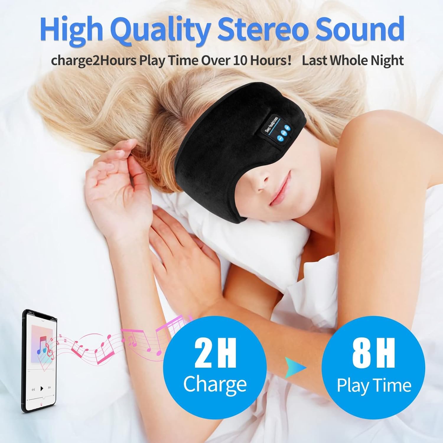 Upgraded Music Sleep Eye Mask with Built-in Speakers & Microphone - Wireless Bluetooth Travel Sleeping Headset, Washable Eye Shades for Relaxation, Meditation & Airplane Travel