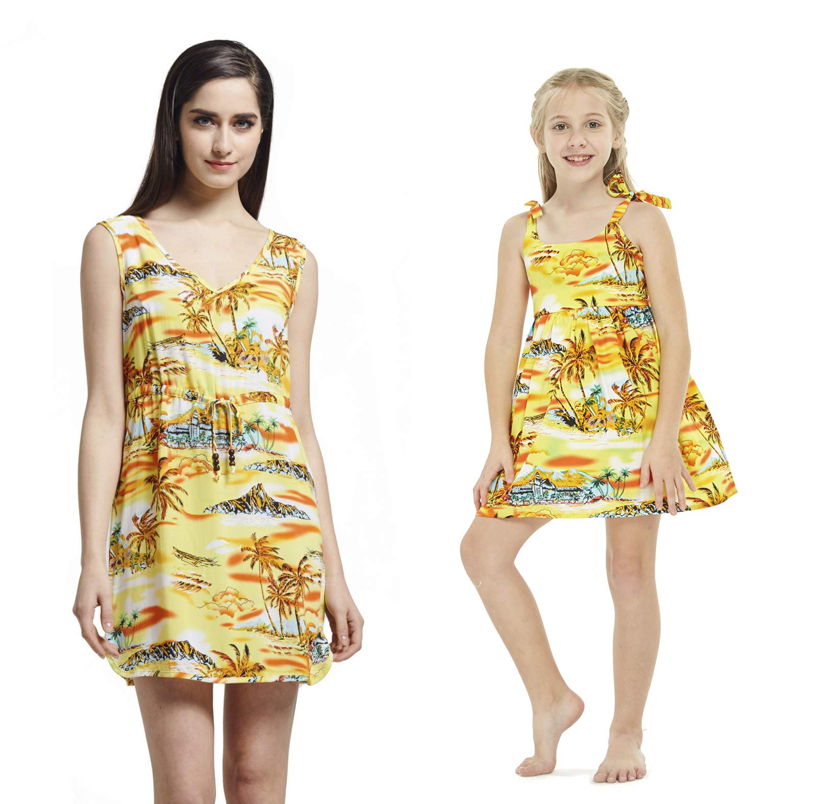 Matching Mother Daughter Hawaiian Luau Outfits - Floral Print Tunic Dress & Slip-On Dress Set (Blue Sunset) | Tropical Vacation, Beach Party, Family Photo Shoot