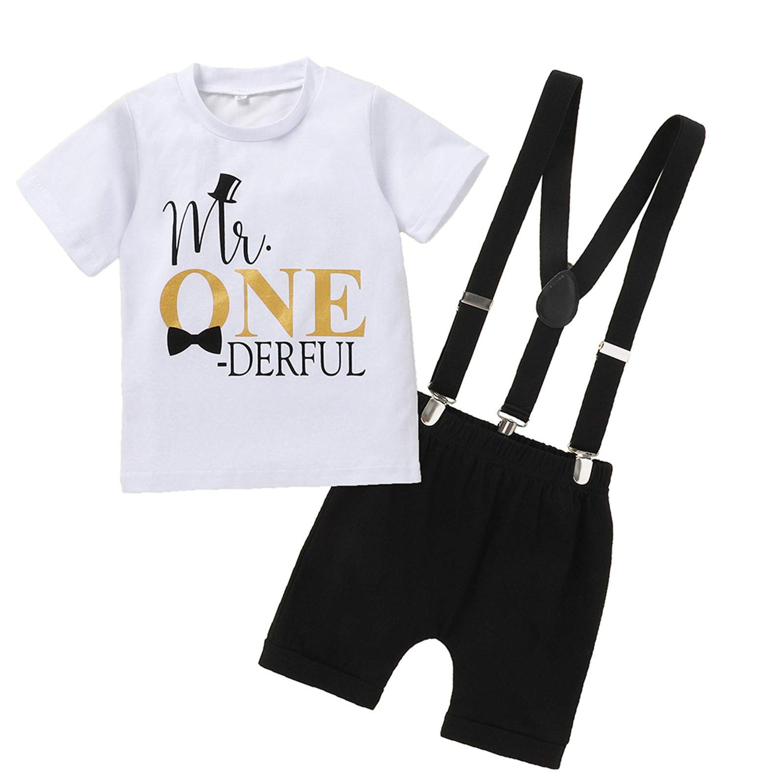 Baby Boys & Girls Casual Outfits - Infant T-Shirt & Suspenders Set with Letter Print, Comfortable Trousers (White, 12-18 Months) - Perfect for Playdates, Family Photos & Everyday Wear