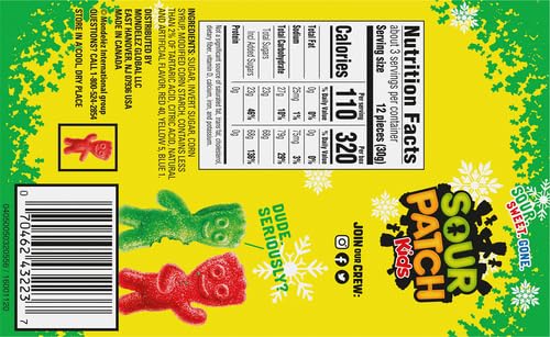 Sour Patch Kids Green & Red Christmas Holiday Gummy Candy - 3.1oz Gift Box | Sweet & Tangy Treats for Stocking Stuffers, Party Favors & Holiday Gifts