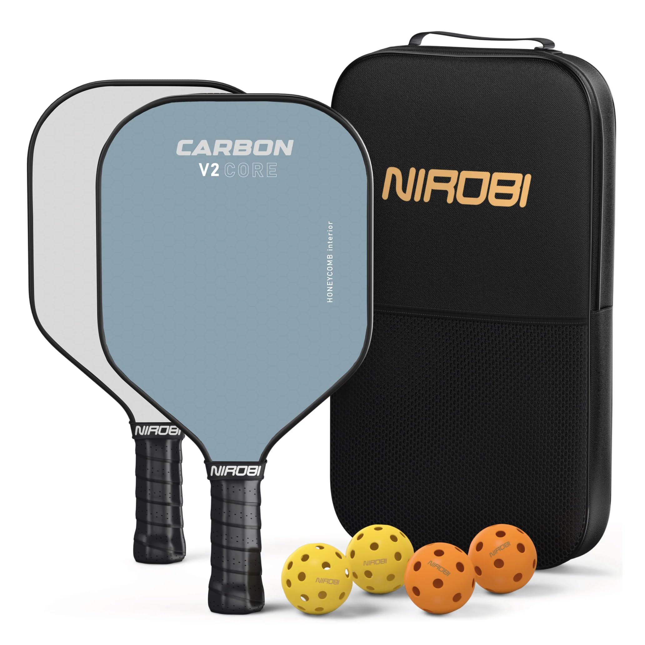 NIROBI Premium Carbon Fiber Pickleball Paddles Set - 2 Paddles with 13mm PP Honeycomb Core & 4 Balls (2 Indoor/2 Outdoor) - Lightweight Pro Pickleball Racket for Tennis, Badminton & Racquetball - Includes Storage Bag - Perfect for Indoor & Outdoor Court Games