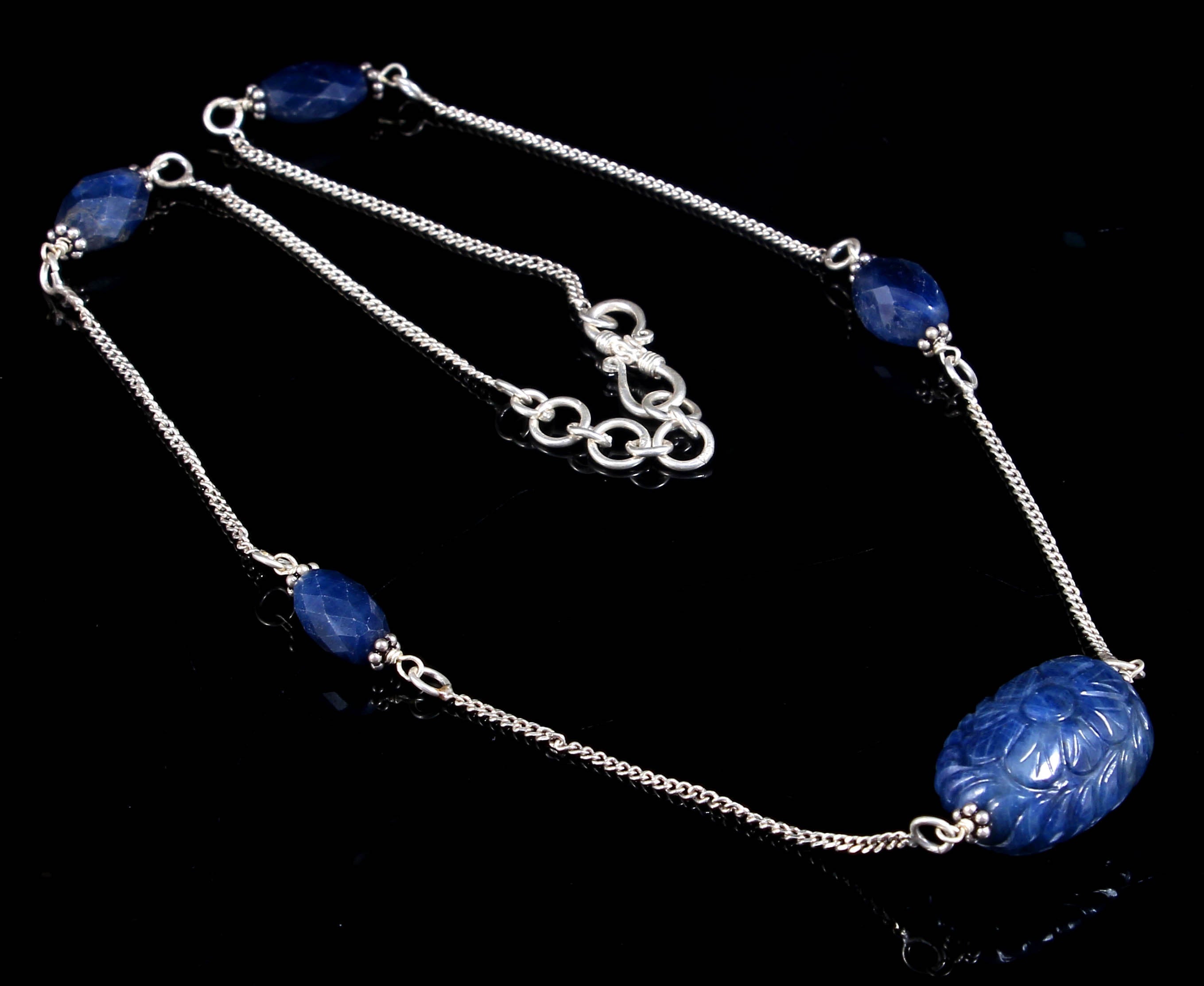 BLUE SAPPHIRE Gemstone Beads Chain Necklace - 925 Sterling Silver Natural Blue Sapphire Hand Carved Pendant 18 Inch Necklace for Women | Elegant Jewelry Gift for Birthday, Anniversary & Special Occasions