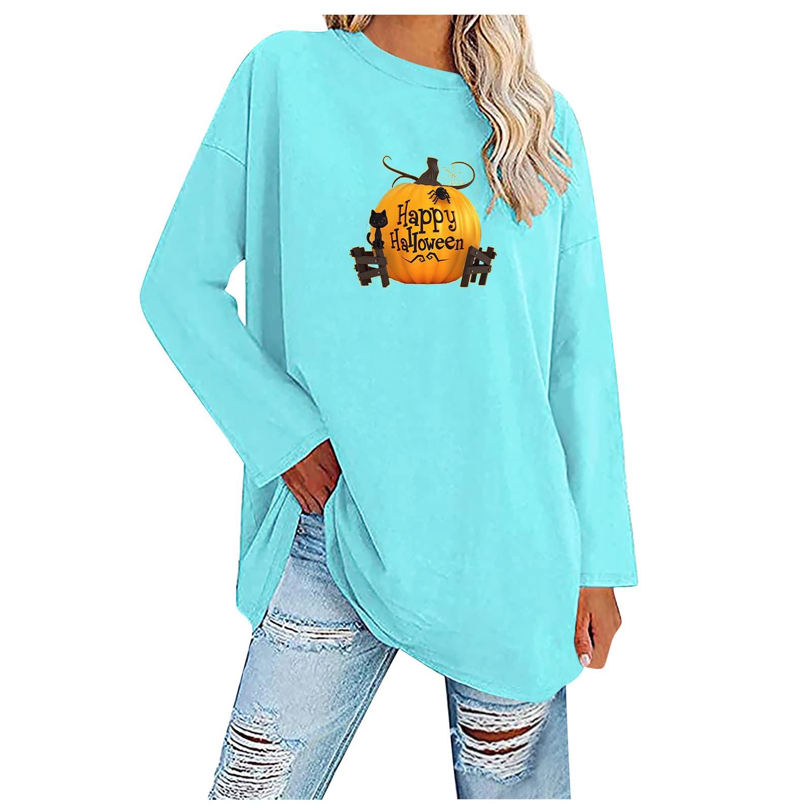 Halloween T-Shirts for Women - Letter Print Pumpkin Graphic Long Sleeve Tunic Blouse | Round Neck Oversized Fit | Perfect for Halloween Parties, Costume Events & Fall Festivals
