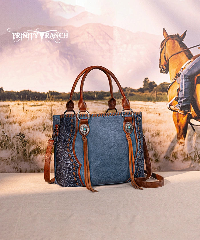 Trinity Ranch Floral Tooled Concho Tote Bag Set - Western Style Leather Handbag for Women - Perfect for Cowgirl Fashion, Rodeo Events & Country Outfits