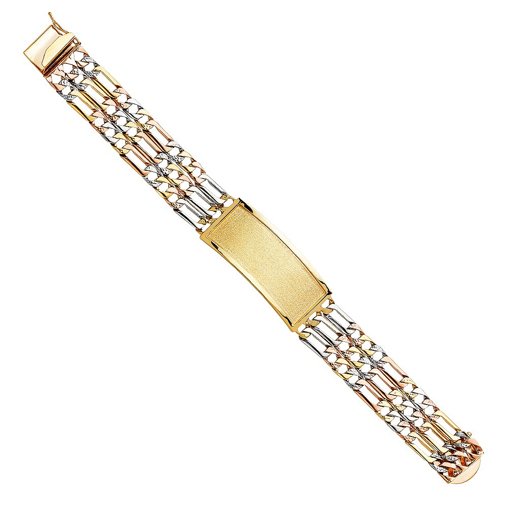 14K Tri-Color 3L Nugget Figaro Link ID Bracelet - 8.5
