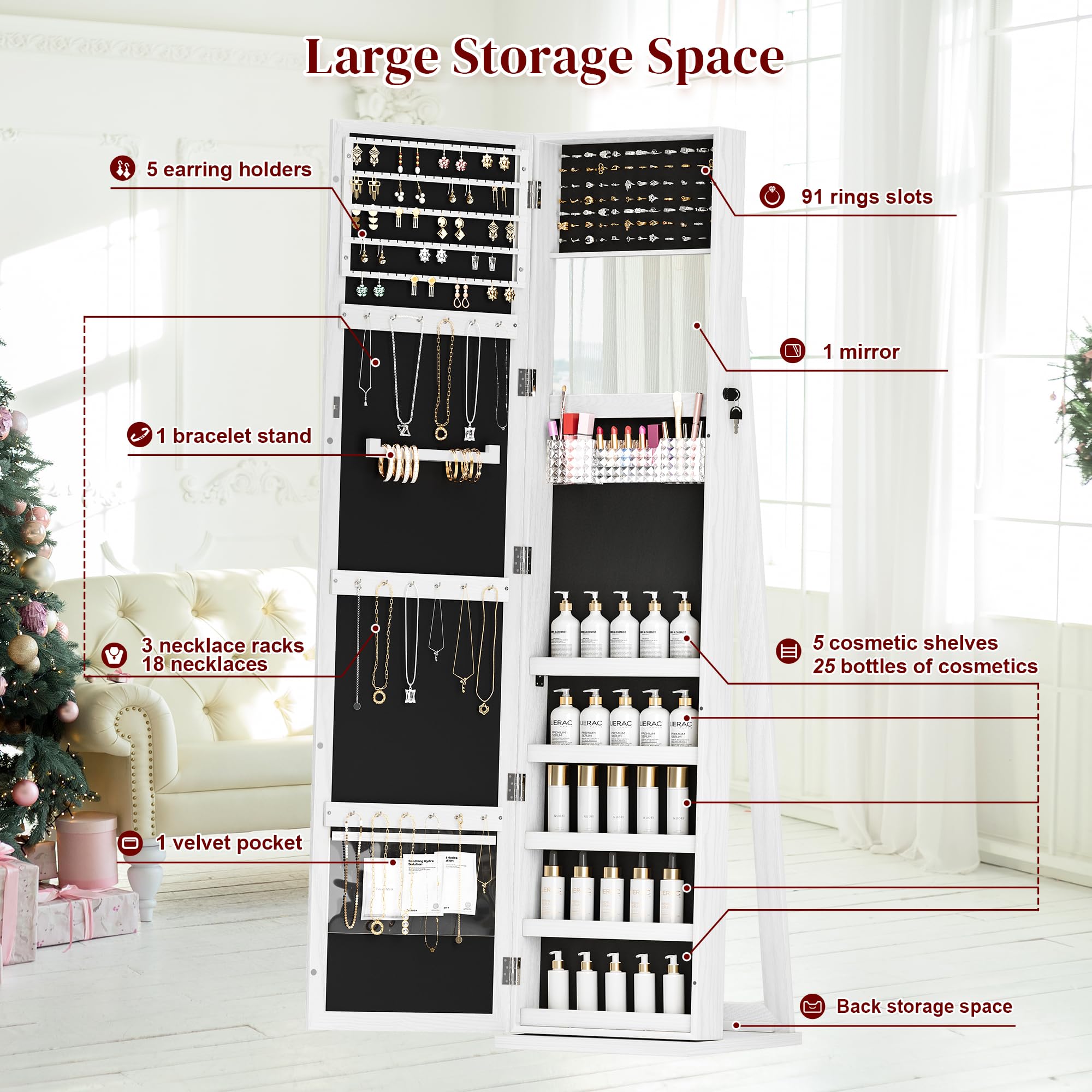Full Length Mirror Jewelry Cabinet with Lock - Standing Jewelry Armoire Organizer for Women & Girls, White - Perfect for Bedroom, Closet & Dressing Room Storage