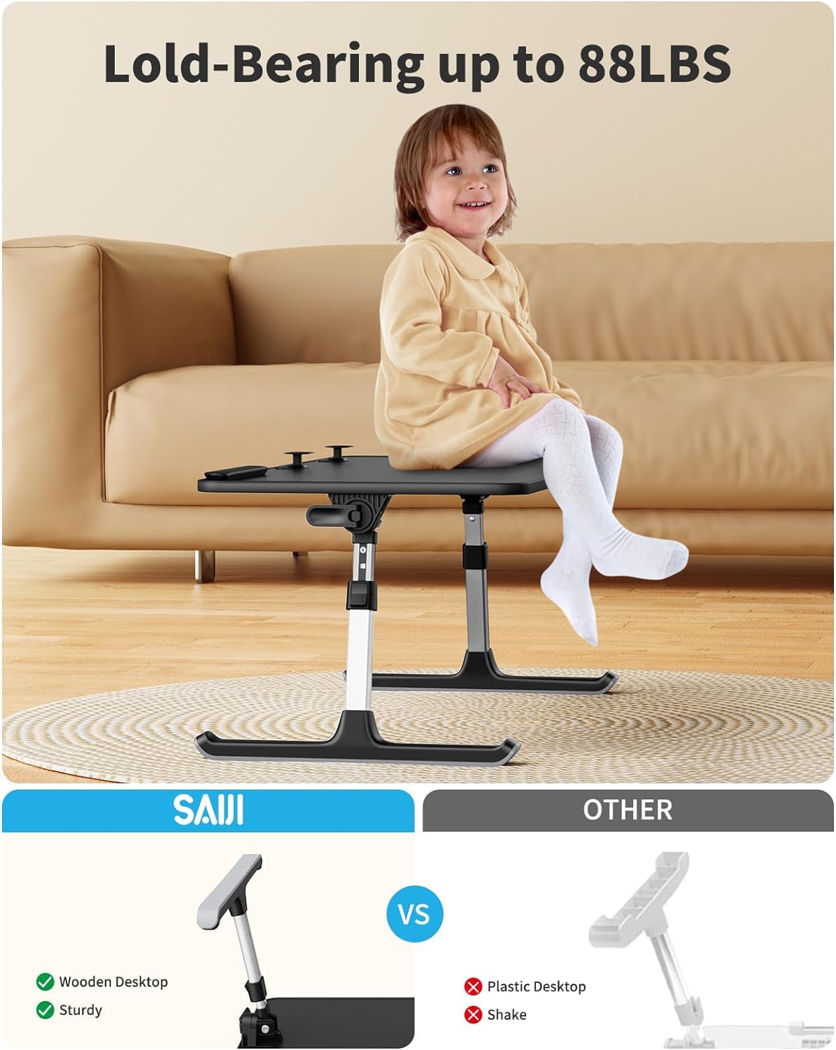 Adjustable Laptop Stand for Bed & Sofa - SAIJI Lightweight Foldable Lap Desk with Height & Angle Control, Portable Bed Tray Table for Adults & Kids - Perfect for Working, Studying, Reading & Watching Movies in Bed or on Couch (Black)