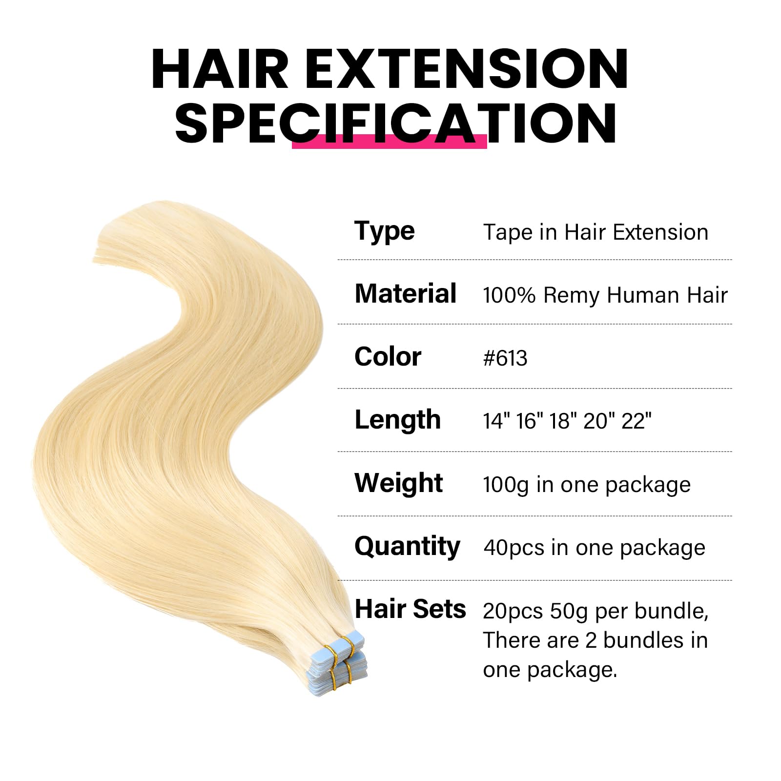 PROTEA Tape in Hair Extensions for Women - 16inch 100g Straight Remy Human Hair in 613 Platinum Blonde | Seamless Blending for Everyday Wear, Parties & Special Occasions