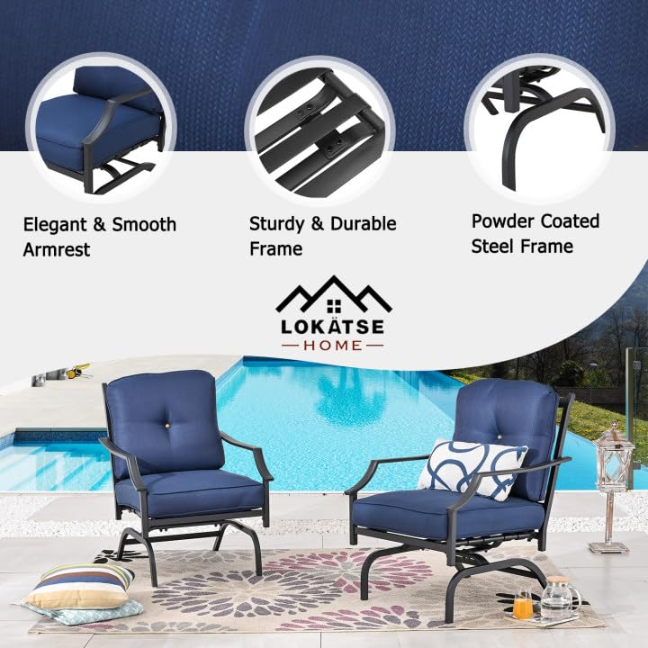 LOKATSE HOME 2-Piece Outdoor Metal Patio Chairs Set with Cushions - Blue Bistro Dining Armchairs for Garden, Balcony, and Backyard Conversation Seating