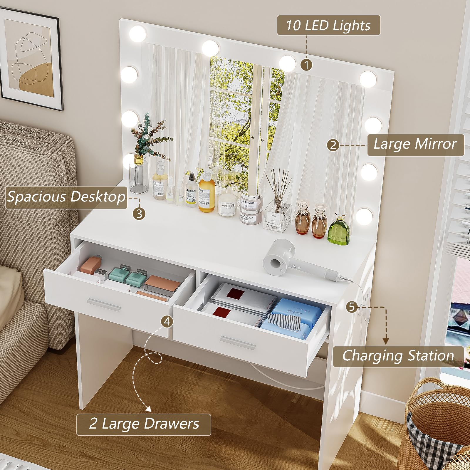 USIKEY White Makeup Vanity Desk with Large LED Lighted Mirror - 10 Lights, 2 Storage Drawers & Built-in Power Strip - Dressing Table for Women & Girls - Perfect for Bedroom, Home Decor & Beauty Routine