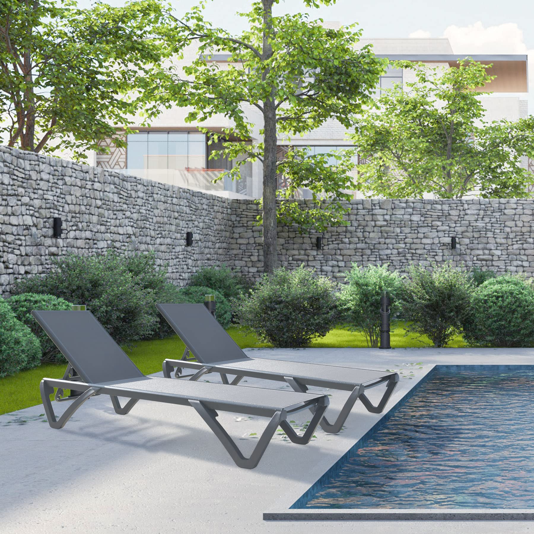 Domi Outdoor Chaise Lounge Set of 2 - Adjustable Aluminum Pool Lounge Chairs with 5 Positions, Patio Furniture for Backyard, Beach & Poolside Relaxation (Grey, Table Not Included)