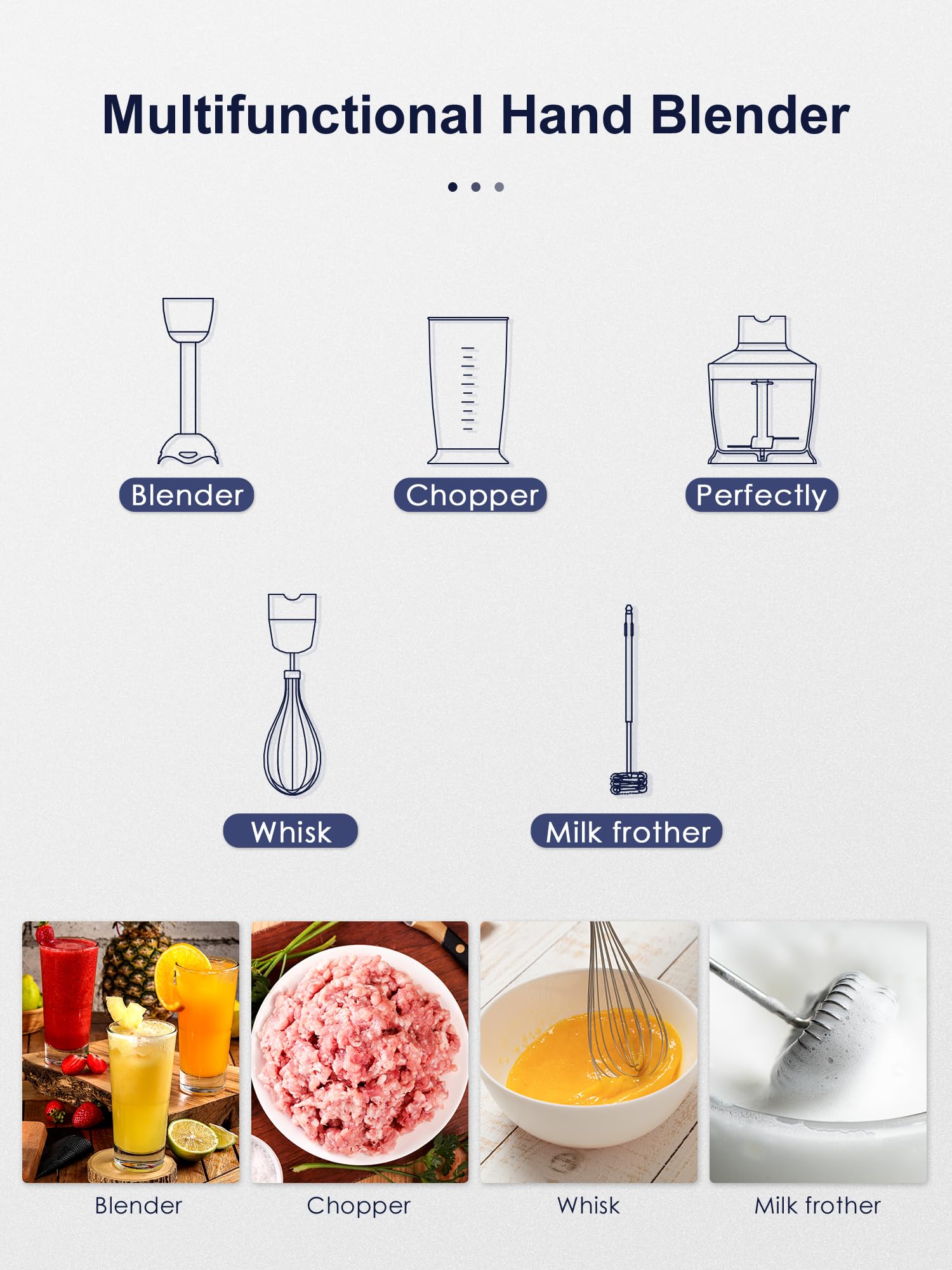 5-in-1 Immersion Hand Blender 1000W - Powerful Stainless Steel Stick Blender with Copper Motor, Mixing Beaker, Whisk & Milk Frother - Perfect for Smoothies, Baby Food Puree, Soups & Kitchen Prep (Gray)