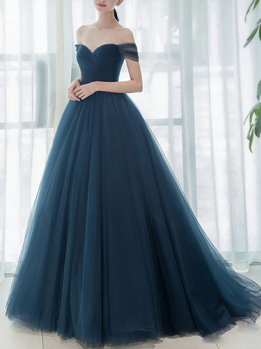 Elegant Long Blue Prom Dresses with V-Neck & Tulle Skirt - Formal Evening Gowns for Bridesmaids, Homecoming, and Special Occasions