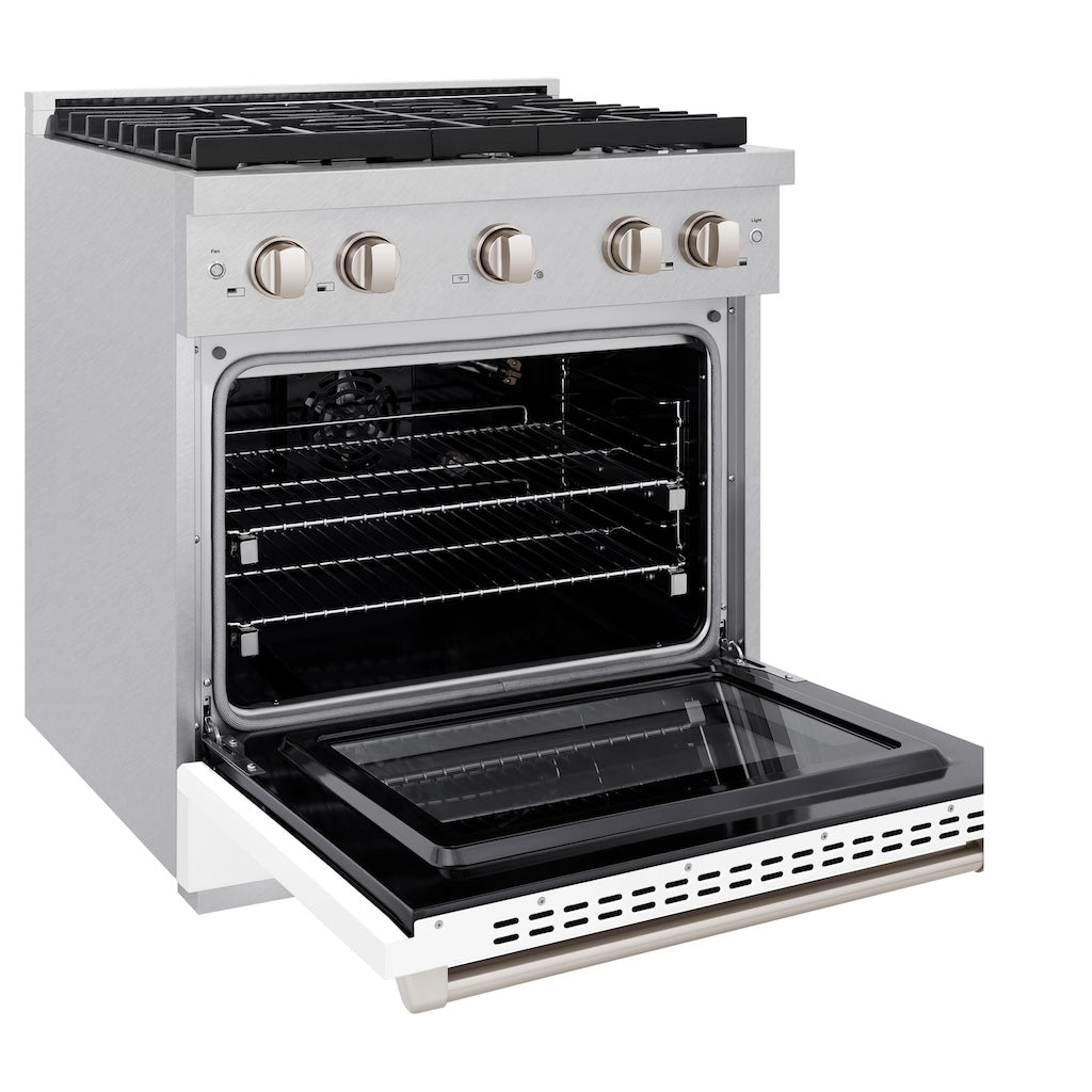 ZLINE 30 Inch 4.2 Cu. Ft. Paramount Gas Range with 4 Burner Cooktop & Convection Gas Oven - Satin Stainless Steel with White Matte Door (SGRS WM 30) | Perfect for Modern Kitchens, Home Chefs & Professional Cooking