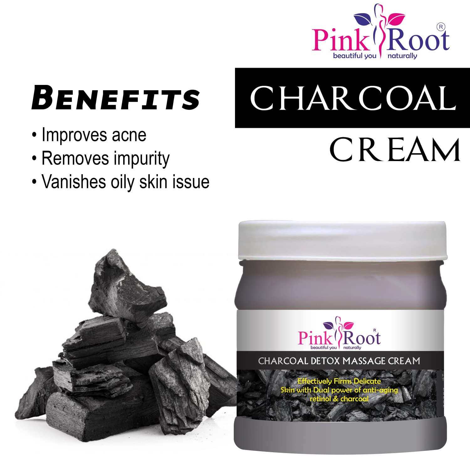 Pink Root Charcoal Detox Massage Cream - Anti-Aging Retinol & Charcoal Firming Treatment for Delicate Skin (500g) | Perfect for Spa Nights & At-Home Skin Rejuvenation