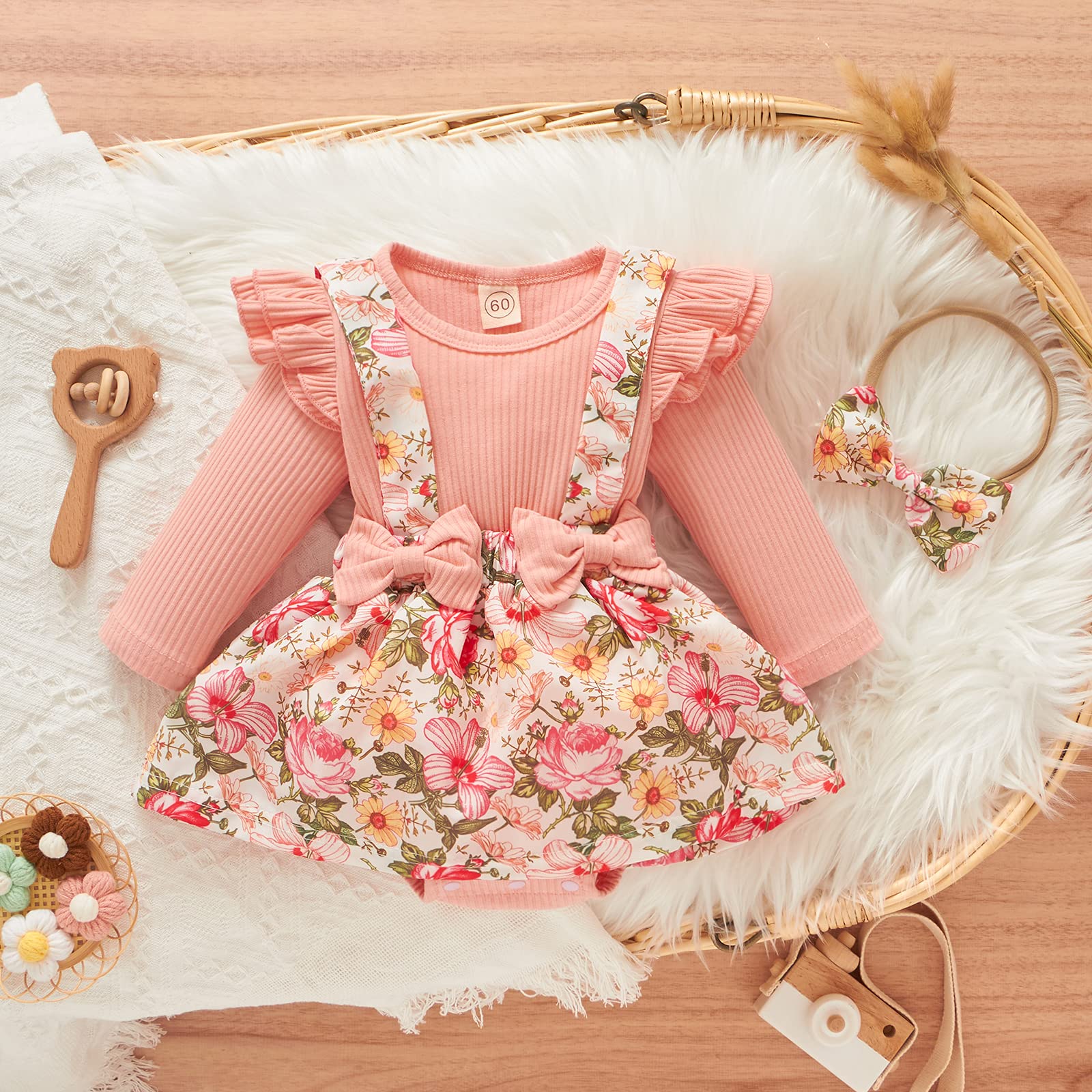 Christmas Baby Girl Outfit - Floral Long Sleeve Romper Dress & Bodysuit Playsuit for Infant Girls | Fall & Holiday Season Wardrobe