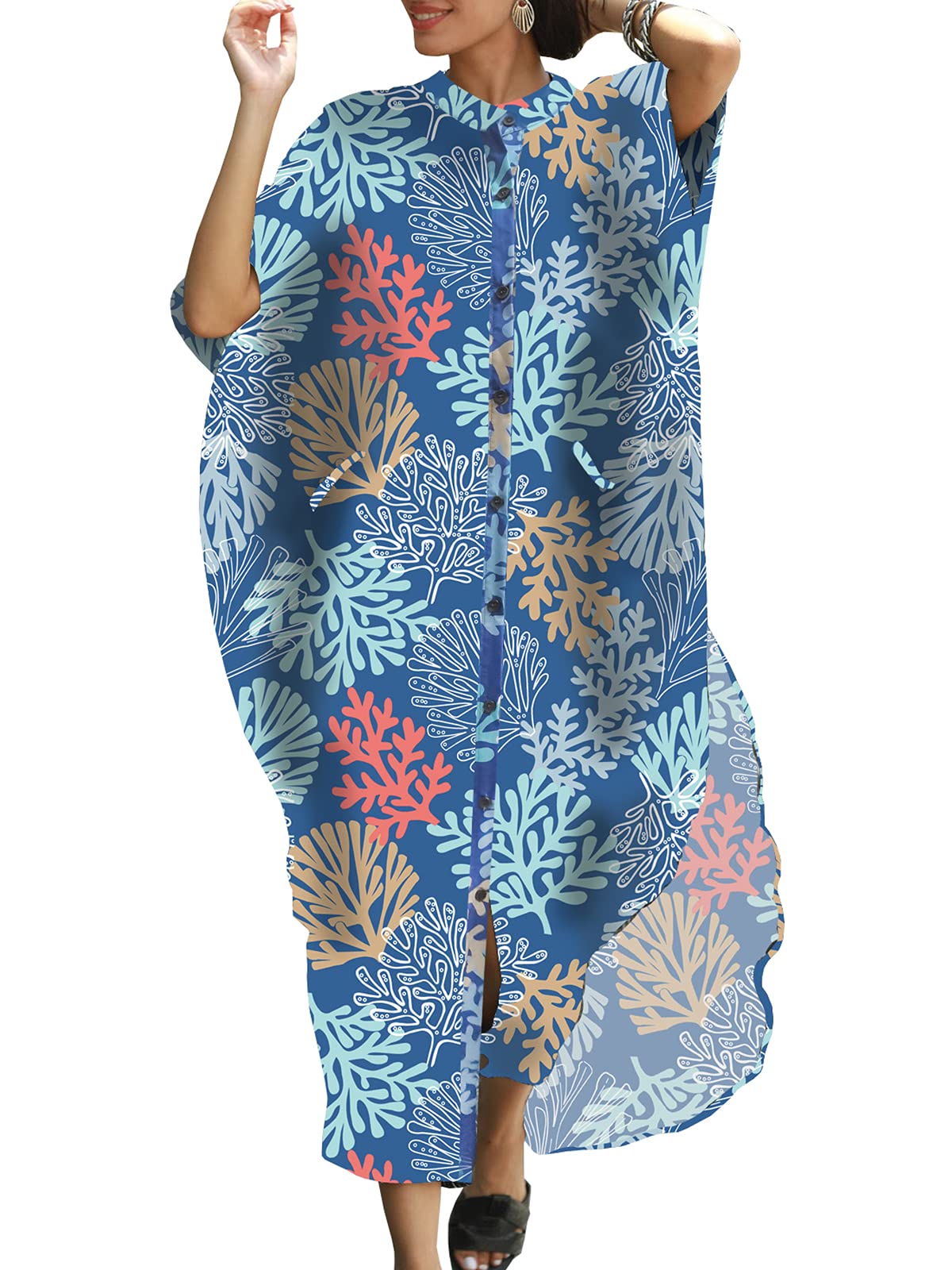 Chunoy Women's Casual Loose Lightweight V-Neck Button Down Kimono Cover Up Kaftan Dress - Perfect for Beach, Pool, Summer Vacation & Boho Style Outfits